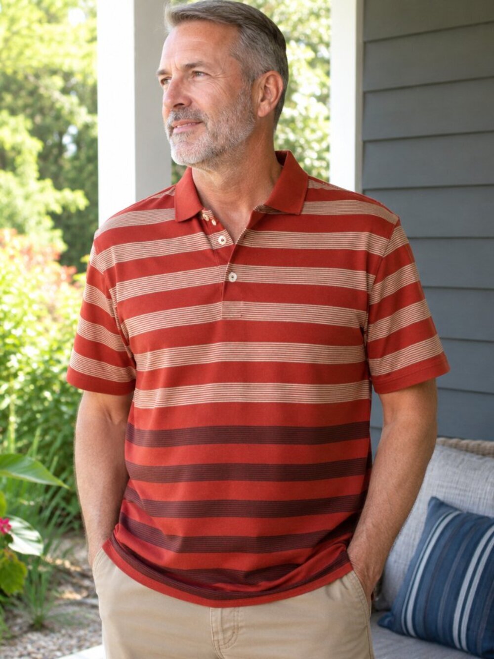 Men's Structure Orange, Cream, Gray, and Black Polo Shirt with Gradient Stripes